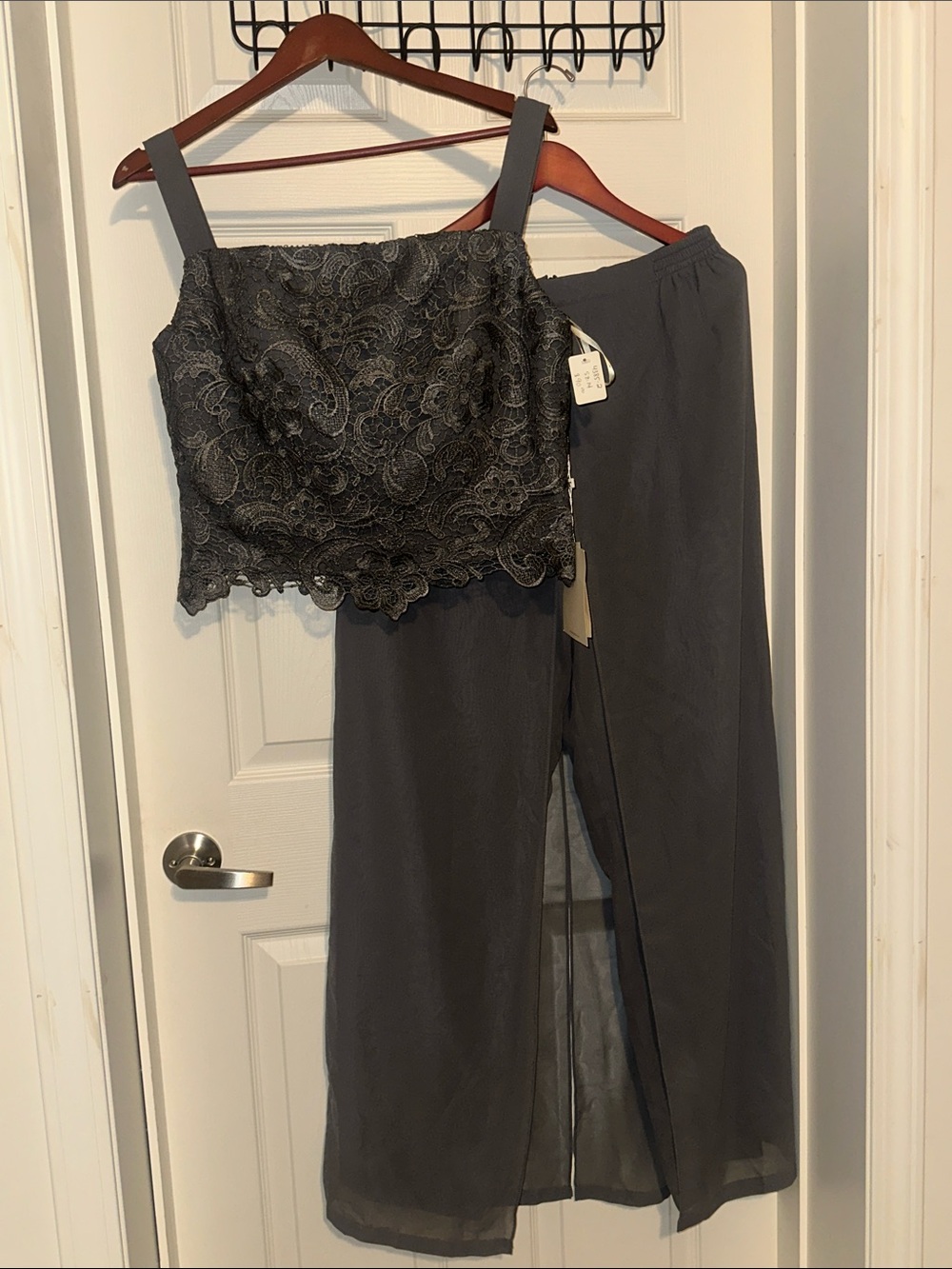 LT LanTing Bride Gray Lace Crop aTwo Piece Pantsuit
